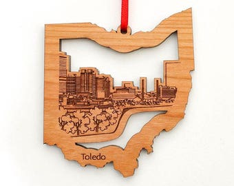 Toledo OH City Skyline Ornament - Engraved Toledo Detailed City Ohio Shape Black Cherry Wood Ornament - City Collection