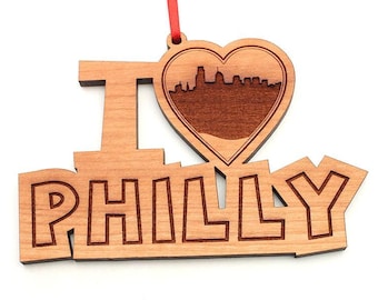 Philly I Heart - Philadelphia PA City Skyline in Heart Shape Black Cherry Wood Hanging Christmas Ornament - I "Heart" My City Collection