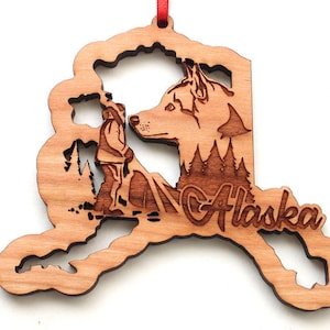 Sled Dog Alaska Ornament - Black Cherry Wood - Alaska series - Wood Ornament AK