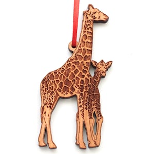 Giraffe with Baby Ornament - Momma Giraffe and Calf Black Cherry Wood Christmas Ornament - Animal Collection - Nestled Pines Original Design