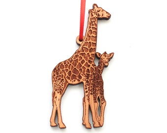 Giraffe with Baby Ornament - Momma Giraffe and Calf Black Cherry Wood Christmas Ornament - Animal Collection - Nestled Pines Original Design