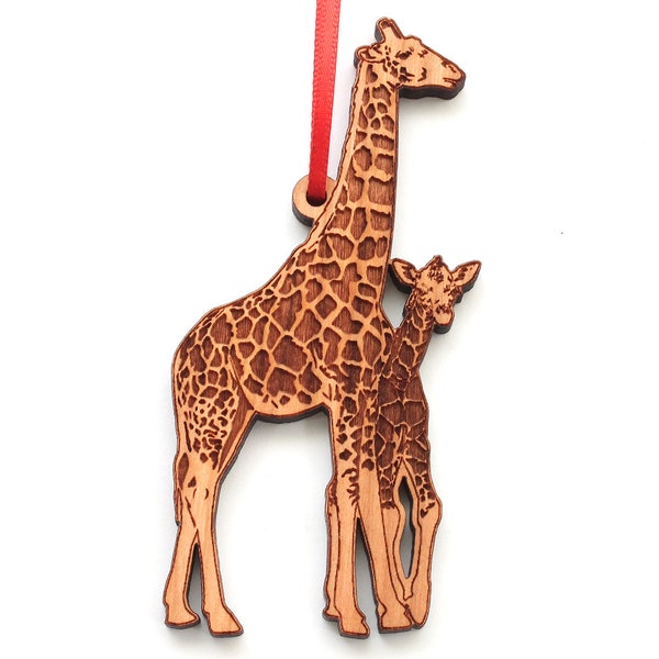 Giraffe with Baby Ornament - Momma Giraffe and Calf Black Cherry Wood Christmas Ornament - Animal Collection - Nestled Pines Original Design