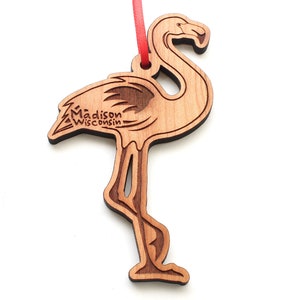 Bascom Hill Lawn Flamingo - Madison Wisconsin Ornament - City Collection - Black Cherry Hanging Wood Ornament