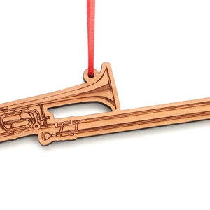 Trombone Cutout Christmas Ornament - Detailed Slide Trombone Black Cherry Wood Christmas Ornament - Musical Instruments - Nestled Pines