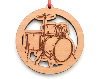 Drum Kit Circle Christmas Ornament - Drum Set Black Cherry Wood Christmas Ornament - Musical Instruments - Nestled Pines Original Design