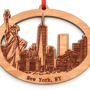 New York City Skyline With Lady Liberty Oval Ornament - NYC Skyline Statue of Liberty Black Cherry Wood Ornament - City Collection - Icons