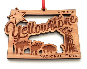 Yellowstone National Park WY Ornament - Wyoming Yellowstone Engraved Black Cherry Wood Christmas Ornament - State Icons - Nestled Pines