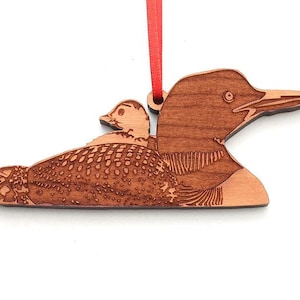 Loon With Chick Ornament - Realistic Carved Wooden Loon With Chick Christmas Ornament - Black Cherry Wood - Bird Collection