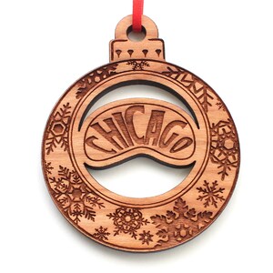 Chicago Bean Christmas Ball - Graverad Chicago Black Cherry Wood Christmas Ornament - City Collection - Nestled Pines Originals