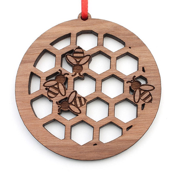 Honeybee Honeycomb Ornament - Honey Bee Hive Engraved Black Walnut Wood Christmas Ornament - Insect Collection - Nestled Pines Original