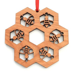 Honey Bee Honeycomb Snowflake Tessellation Ornament - Honeycomb Bees Engraved Black Cherry Wood Christmas - Insect Collection - Nestled Pine