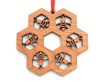 Honey Bee Honeycomb Snowflake Tessellation Ornament - Honeycomb Bees Engraved Black Cherry Wood Christmas - Insect Collection - Nestled Pine