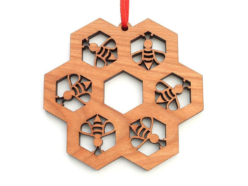 Honingbij Honingraat Sneeuwvlok Tessellation Ornament - Honingraatbijen Gegraveerd Zwart Kersenhout Kerstmis - Insectencollectie - Genesteld Pine