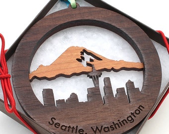 Seattle Washington Christmas Ornament Two Piece Wood Ornament Cut Out Cherry Walnut City Skyline with Mount Rainier