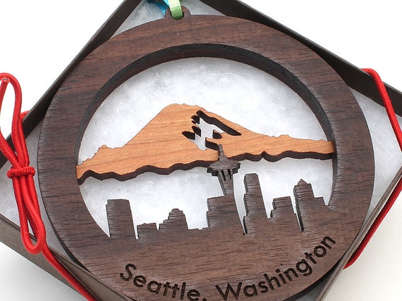 Seattle Washington Christmas Ornament Two Piece Wood Ornament Cut Out Cherry Walnut City Skyline with Mount Rainier