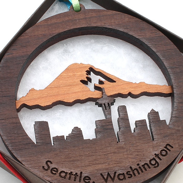 Seattle Washington Christmas Ornament Two Piece Wood Ornament Cut Out Cherry Walnut City Skyline with Mount Rainier