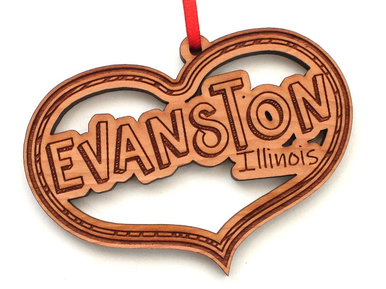 Evanston IL Engraved Black Cherry Wood Christmas Ornament City Collection Evanston Illinois in Heart Ornament Nestled Pines Original