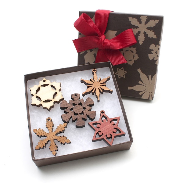 Mini Wood Snowflake Ornament Gift Box set of 5 - Ready to Gift, Ready to Ship for Christmas