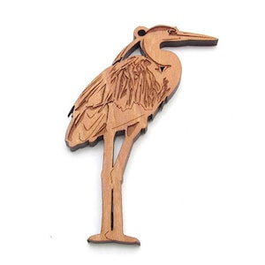 Great Blue Heron Standing Ornament -  Realistic Caved Wooden Heron Christmas Ornament - Black Cherry Wood - Bird Collection