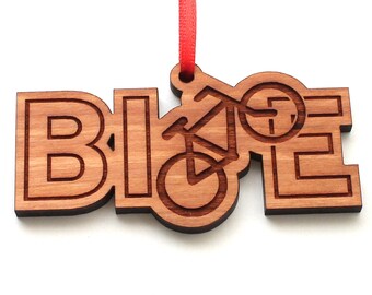 Bike Word & Icon Modern Design Ornament - BIKE Engraved Black Cherry Wood Christmas Ornament - Biking Enthusiast Ornament - Bike Sign