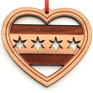 Chicago Flag Star Cutouts in Heart Shaped Ornament - Chicago City Stripes and Stars Flag Heart - Black Cherry Wood - City Collection