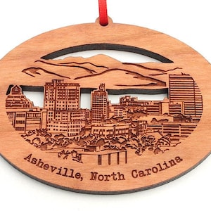 Asheville North Carolina City Skyline Oval Ornament - Engraved Asheville NC Detailed City Skyline - City Collection - Black Cherry Wood