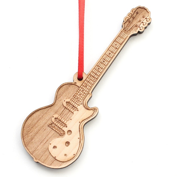 Guitar Cutout Christmas Ornament - Detailed Electric Guitar Black Cherry Wood Christmas Ornament - Musical Instruments - Nestled Pines