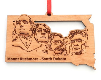 South Dakota Mount Rushmore Ornament - Engraved SD Rushmore Black Hills Keystone  Black Cherry Wood Christmas Ornament - State Icons -