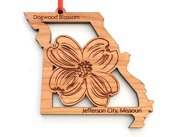 Jefferson City, MO Ornament - Dogwood Blossom in Missouri State Cutout Engraved Christmas Ornament - Black Cherry Wood - City Collection