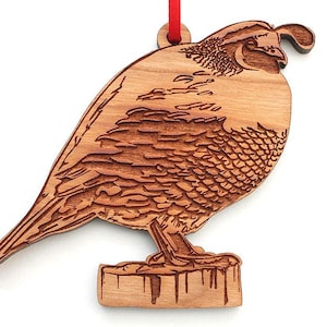 California Quail Ornament - Realistic Wooden Carved Quail Christmas Ornament - Black Cherry Wood - Bird Collection