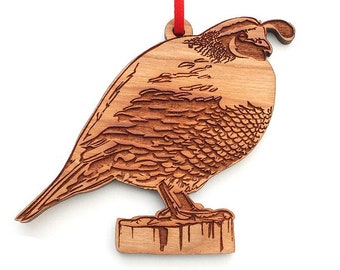 California Quail Ornament - Realistic Wooden Carved Quail Christmas Ornament - Black Cherry Wood - Bird Collection