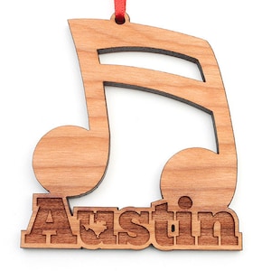 Austin Texas Ornament - Music Capitol of the World Austin Christmas Ornament with Music Notes and Texas Engraving by Nestled Pines