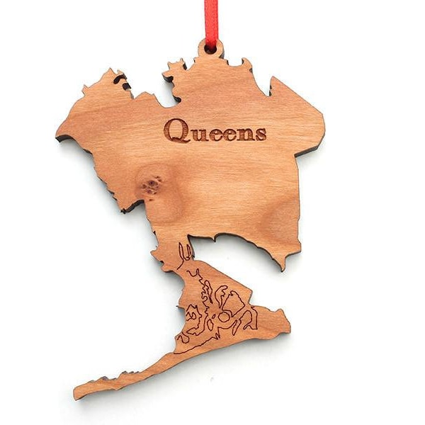 Queens NYC Borough Ornament - Queens Engraved NYC Borough  - Black Cherry Wood Christmas Ornament - City Collection