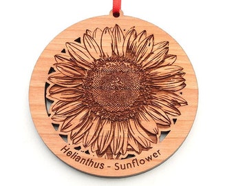 Sunflower Flower Ornament - Helianthus Sunflower Engraved Black Cherry Wood Christmas Ornament - Nestled Pines' Natural Beauty Collection