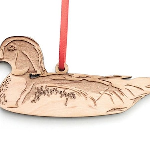 Swimming Wood Duck Ornament - Engraved Wood Duck Christmas Ornament - Maple Wood - Bird Collection