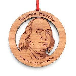 Benjamin Franklin - Ornamento de madeira detalhado de rostos famosos de Ben Franklin