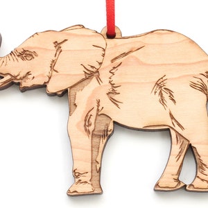 African Elephant Trunk Up Ornament - Elephant Raised Trunk Black Cherry Wood Christmas Ornament - Conservation - Critter Collection