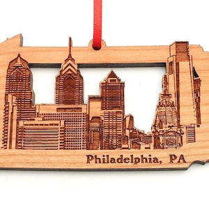 Philadelphia PA City Skyline Ornament -  Engraved Philadelphia Downtown Pennsylvania Black Cherry Wood - City Collection - Signature Skyline