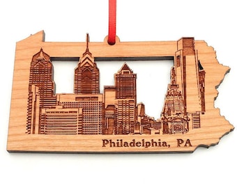 Philadelphia PA City Skyline Ornament -  Engraved Philadelphia Downtown Pennsylvania Black Cherry Wood - City Collection - Signature Skyline