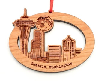 Seattle WA Skyline Oval Ornament - Detailed City Skyline with Space Needle and Moon Backdrop Black Cherry Wood Ornament - City Collection
