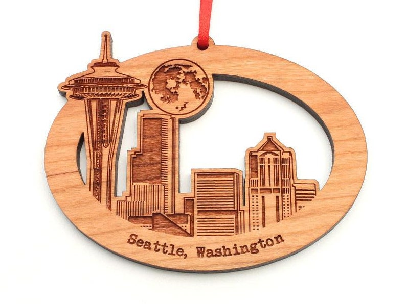 Seattle WA Skyline Oval Ornament - Detailed City Skyline with Space Needle and Moon Backdrop Black Cherry Wood Ornament - City Collection image 1