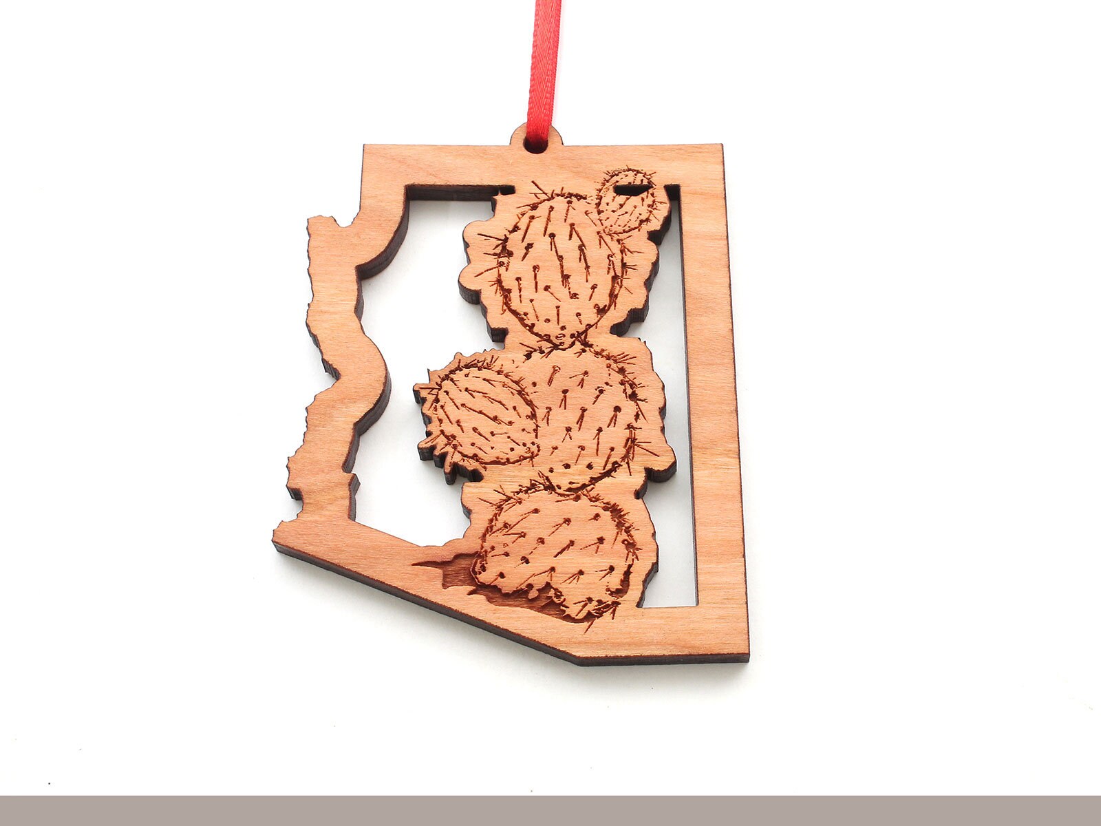 Arizona Prickly Pear Cactus State Outline Ornament - Engraved Cactus in AZ Shaped Frame - Black Cherry Wood Christmas Ornament - State Icons