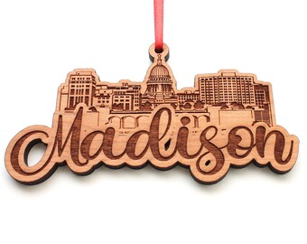 Madison WI Skyline Ornament - Downtown Capitol from Lake Monona Ornament - Engraved Script Black Cherry Wood Ornament - Ciy Collection