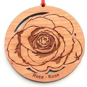 Rose Top View Ornament - Rose Engraved Black Cherry Wood Christmas or Valentine Ornament - Nestled Pines&#39; Natural Beauty Original