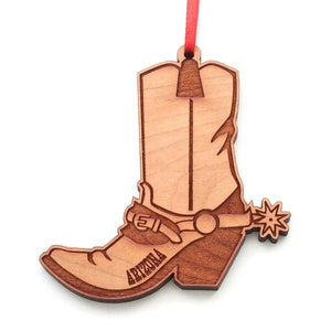 Cowboy Boot and Spur Ornament - Engraved Arizona Western Boot with Spur Black Cherry Wood Christmas Ornament - State Icons - Nestled Pines