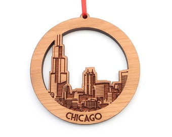 Chicago Skyline Rundornament - Innenstadt Chicago City Skyline schwarz Kirsche Holz Weihnachten Ornament - Stadt-Kollektion