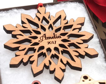 Snow Crystal Custom Christmas Ornament - Wood Snowflake Personalized Ornament from Nestled Pines - Solid Black Cherry