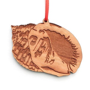 May include: Wooden ornament shaped like a seashell with intricate details carved into the surface. The ornament is a light brown color and has a red ribbon attached to the top.