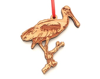 Roseate Spoonbill Ornament - Engraved Wooden Roseate Spoonbill Christmas Ornament - Black Cherry Wood - Bird Collection