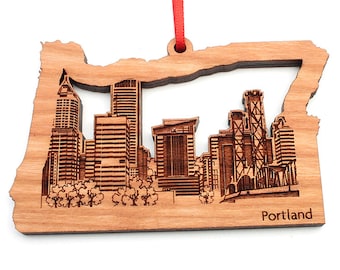 Portland Skyline in Oregon Outline Ornament - Engraved Portland Black Cherry Wood Christmas Ornament - City Collection - Signature Cityscape